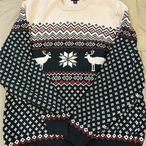 Lands' End Cream and Green Reindeer Sweater